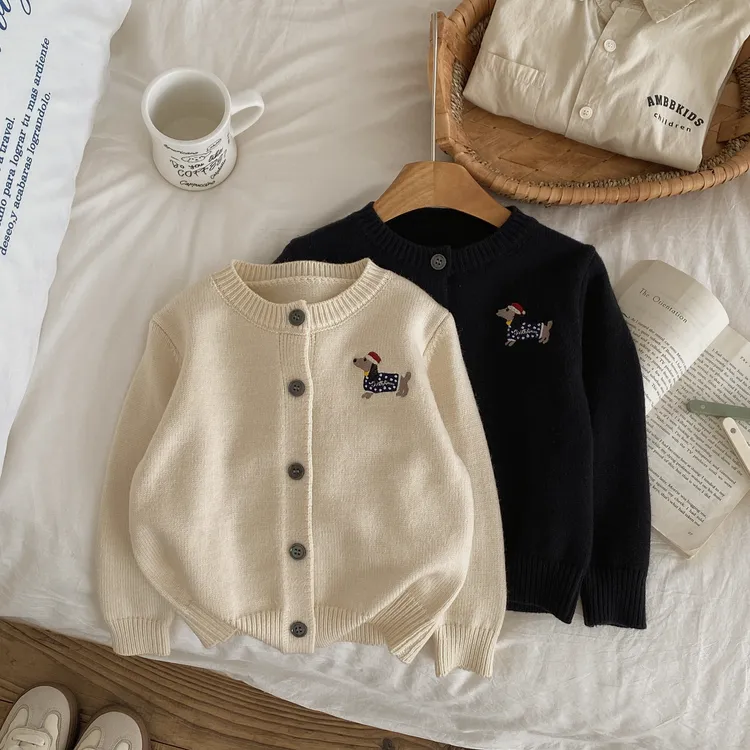 2025春秋新款儿童毛衣针织衫宝宝开衫小狗刺绣可爱卡通毛衣外套