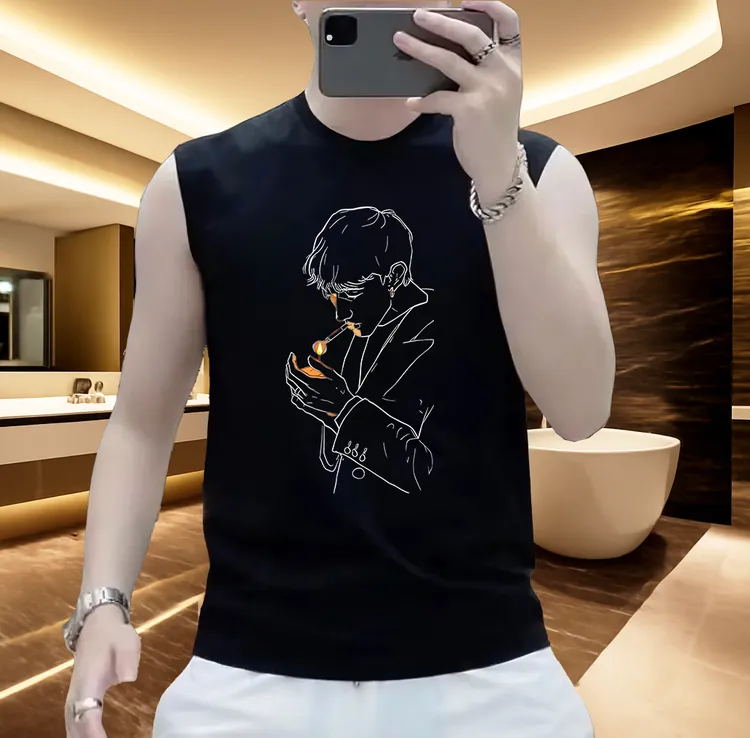 夏季纯棉轻奢高级感新款男士背心坎肩无袖T恤圆领上衣潮牌潮流男