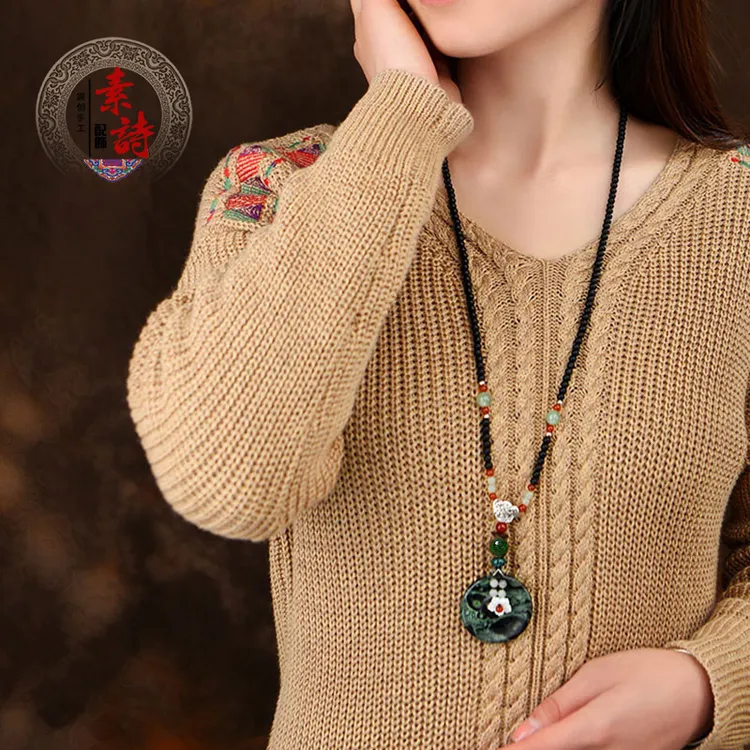 非金属布艺项链 新中式国风女长款毛衣链吊坠复古挂件民族风配饰