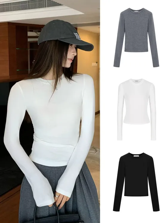 【千金氛围感】早秋修身遮肉显瘦正肩长袖T恤女小众内搭打底上衣