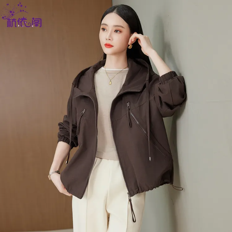 杭依阁短款外套女秋2025新款高级感韩系宽松休闲百搭连帽夹克上衣