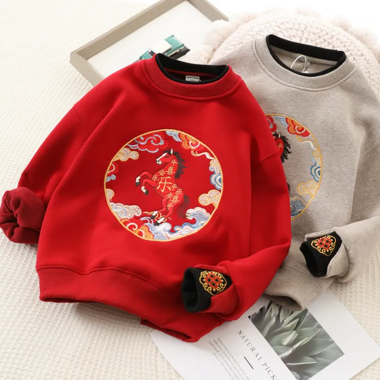 刺绣加绒儿童卫衣男女童圆领假两件新年国风拜年服2026新款中大童