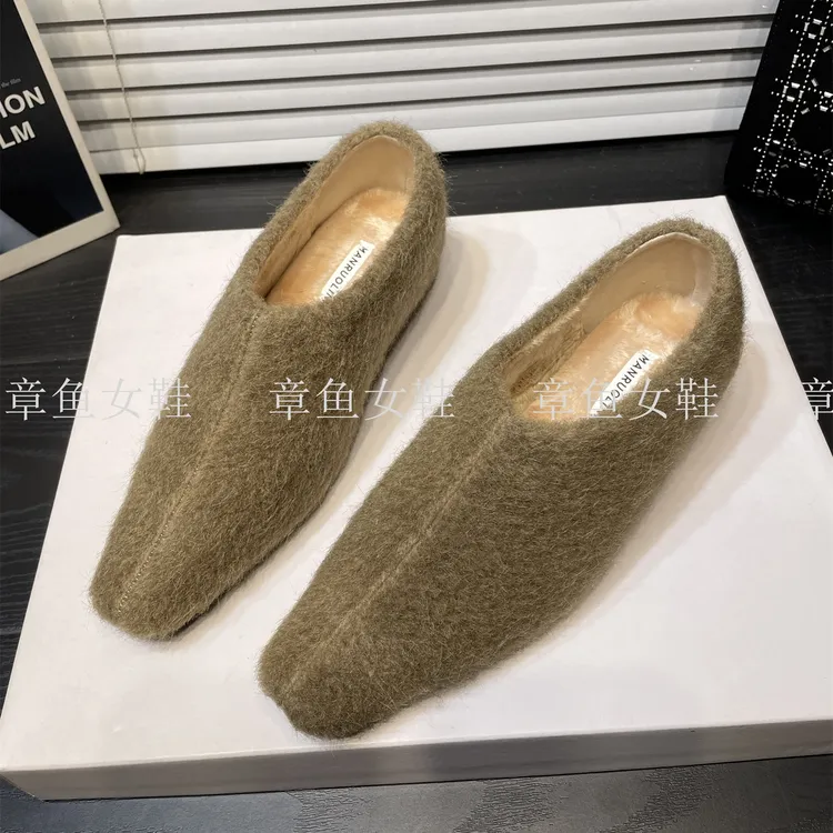 加绒保暖一脚蹬棉鞋女毛毛鞋2025新款秋冬方头毛呢内增高深口单鞋