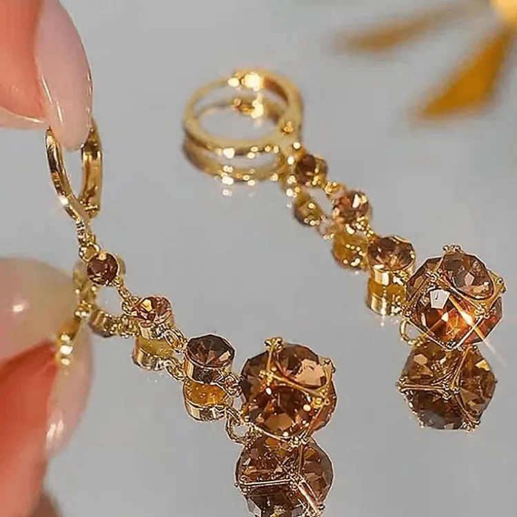 铜合金锆石耳饰 2025年香槟色钻球耳扣满钻洋气优雅耳环流苏耳饰