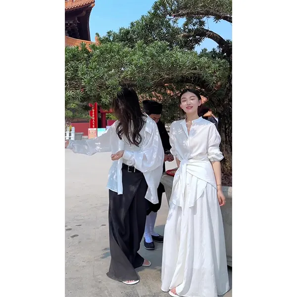 法式小众设计披肩围裹绑带衬衣女2025春季新款高腰褶皱半身裙套装