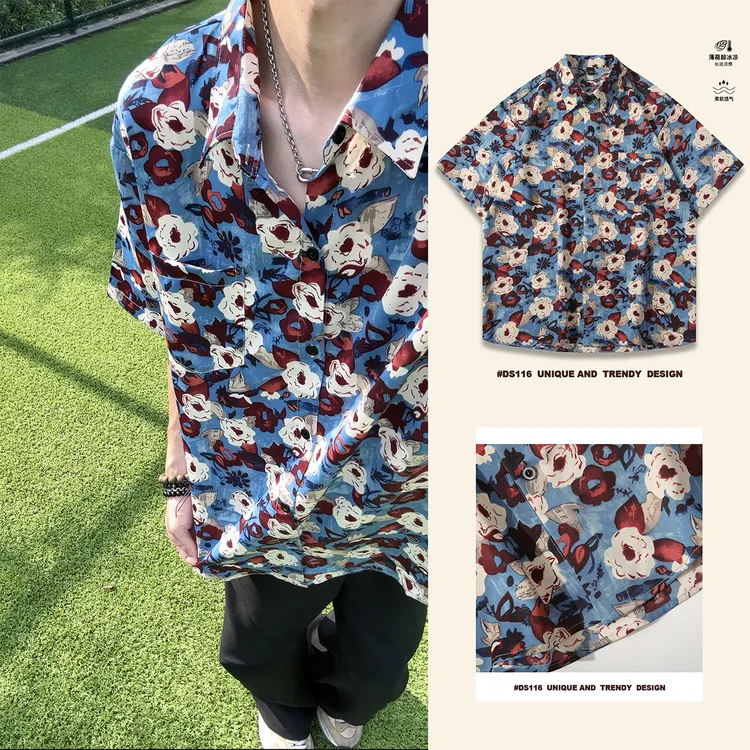 夏季冰丝花港风复古油画涂鸦男士休闲短袖衬衣海岛度假衬衫男