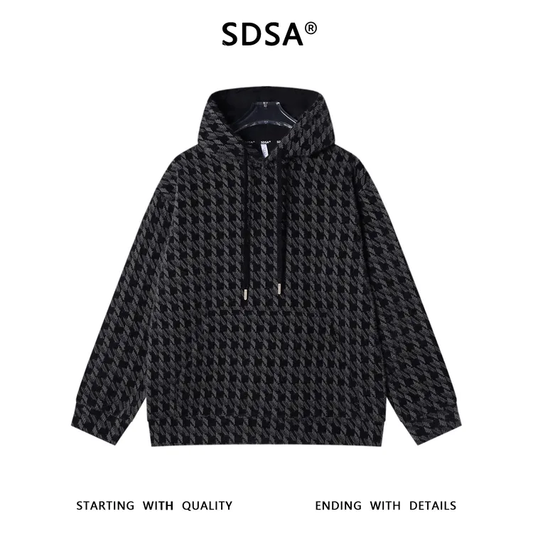 SDSA男士秋冬新款痞帅男装潮牌绒毛撞色格子抽绳连帽卫衣百搭时尚