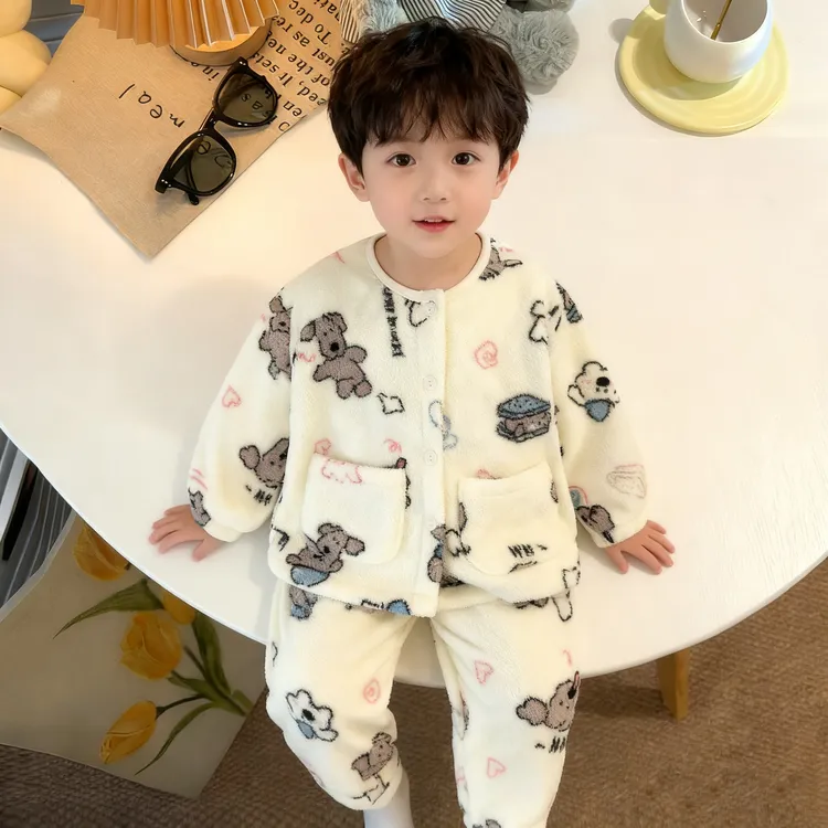 草莓小兔儿童居家服蕾丝领女童可爱保暖加厚双面绒睡衣套装家居服