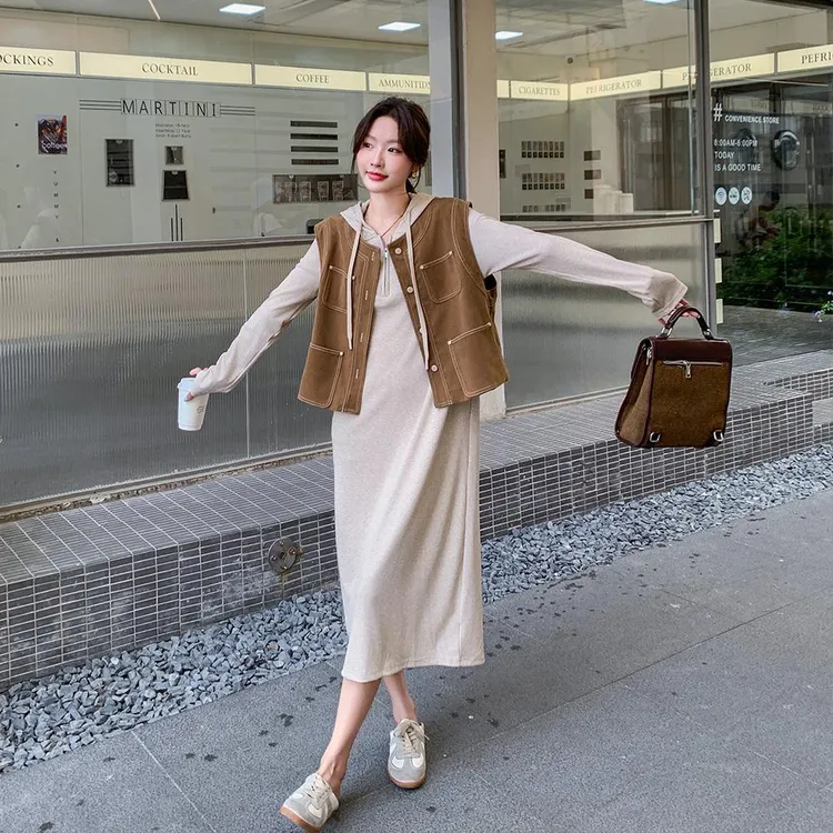 女士工装马甲连帽运动衫套装春秋2025新款小个子穿搭长裙两件套