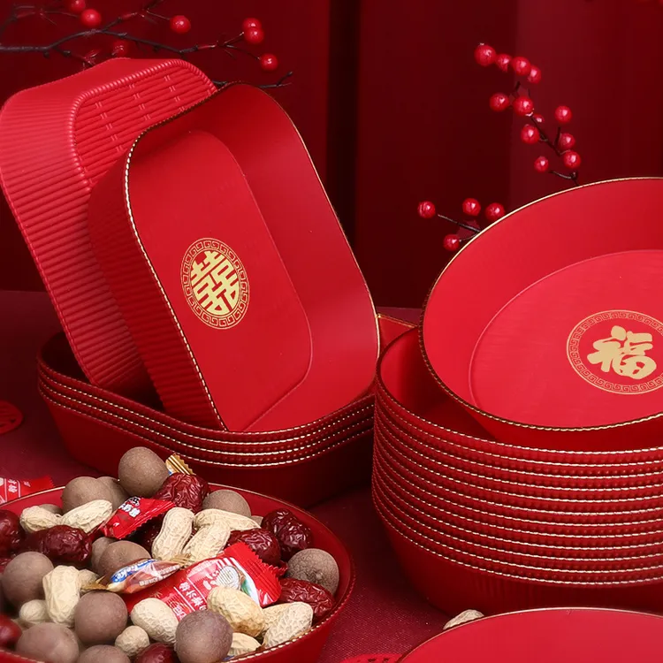 罗马纹干果盘金边喜字批发乔迁结婚用品婚礼福字糖果盘红色