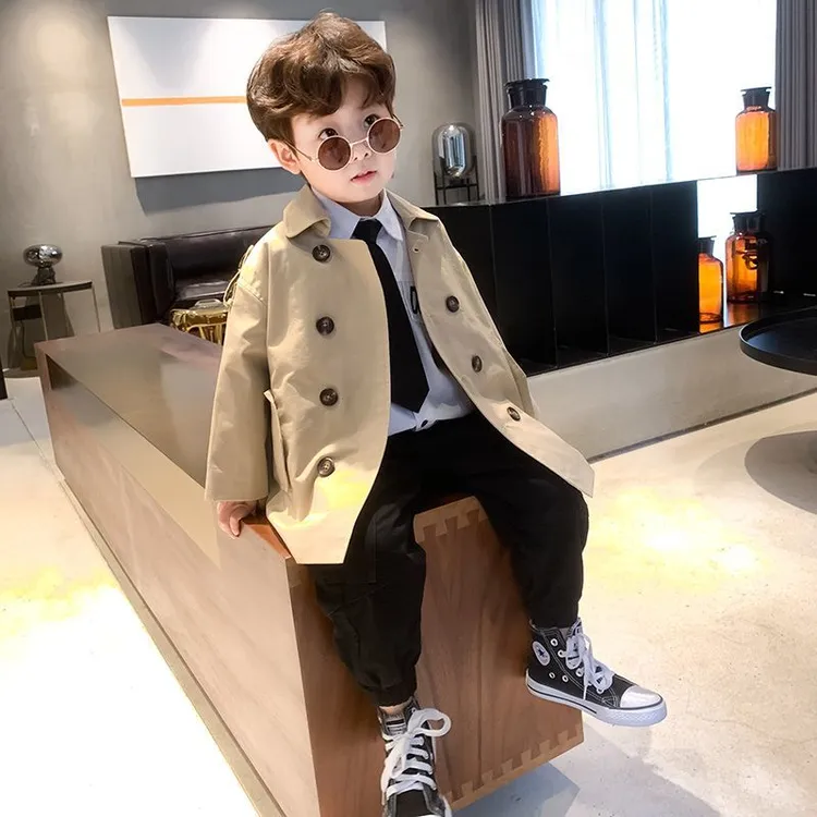 童装小童春秋新款秋季英伦风棒球领双排扣洋气风衣外套潮宝宝上