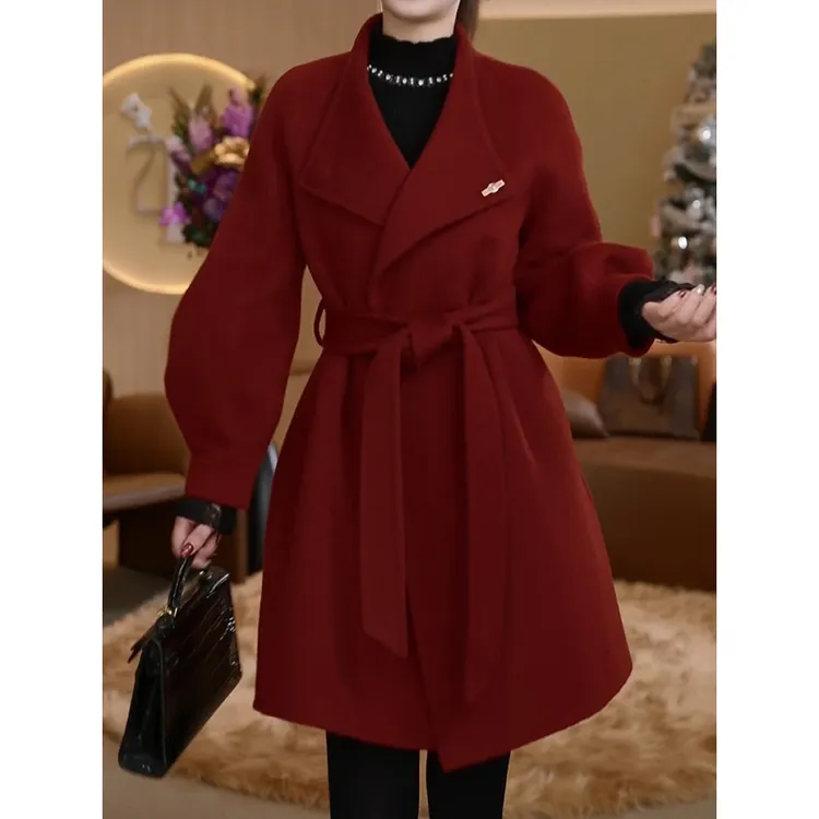 韩版高级洋气中长款毛呢外套2025冬新纯色系带显瘦防寒保暖大衣潮