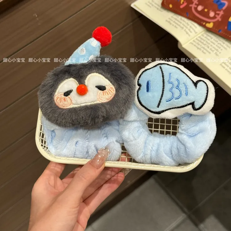 创意企鹅小鱼肠圈可爱萌趣毛绒卡通头饰少女拍照发卡搞怪ins
