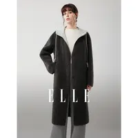 ELLE女装连帽中长款毛绒外套2025冬季新款休闲复古上衣EF53016