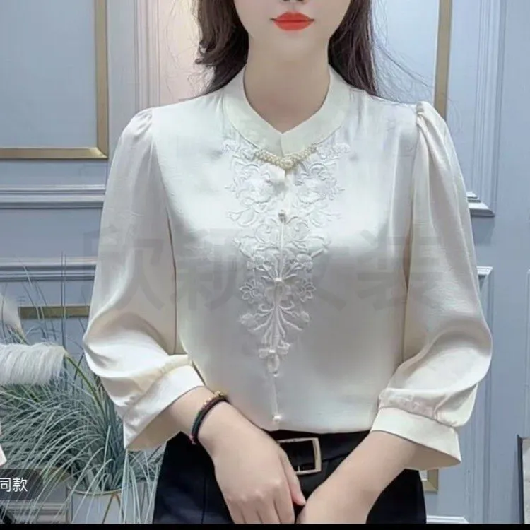 时尚新款外穿七分夏季T恤衫质百搭洋气设计刺绣上衣衬衫小衫女士