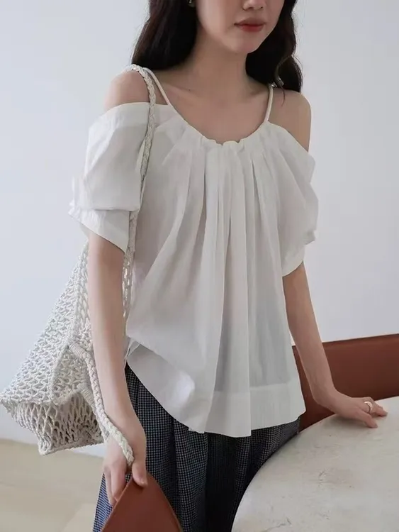 2025夏新款一眼心动设计感露肩减龄遮肉小衫褶皱袖口后背系带衬衫