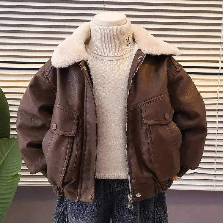 男童秋冬外套加绒加厚2025新款皮衣冬季儿童夹棉夹克宝宝冬装衣服