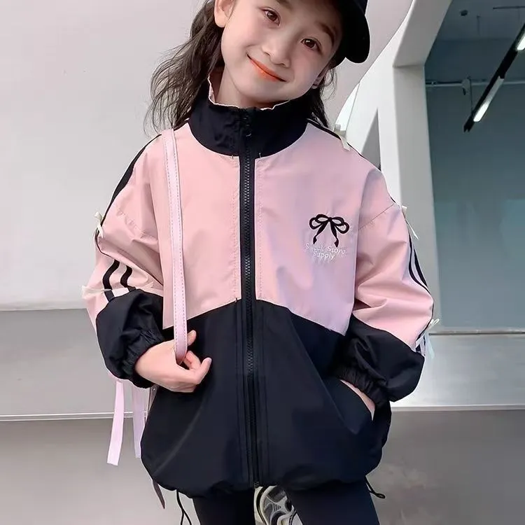 2025春季新款女童运动休闲洋气时尚韩版拼接撞色蝴蝶结冲锋衣