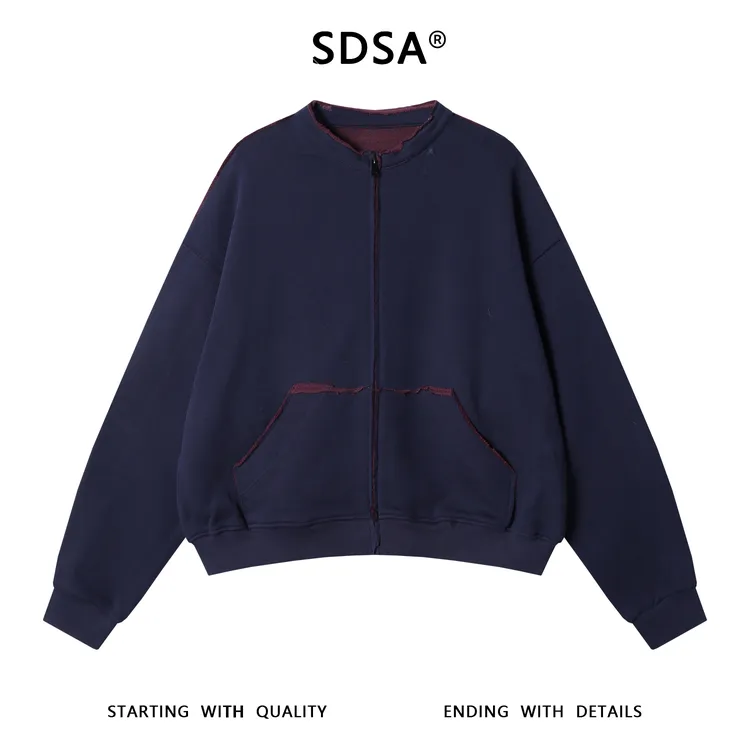 SDSA秋冬新款痞帅男装韩版潮牌裁剪拉链圆领开衫卫衣外套百搭时尚