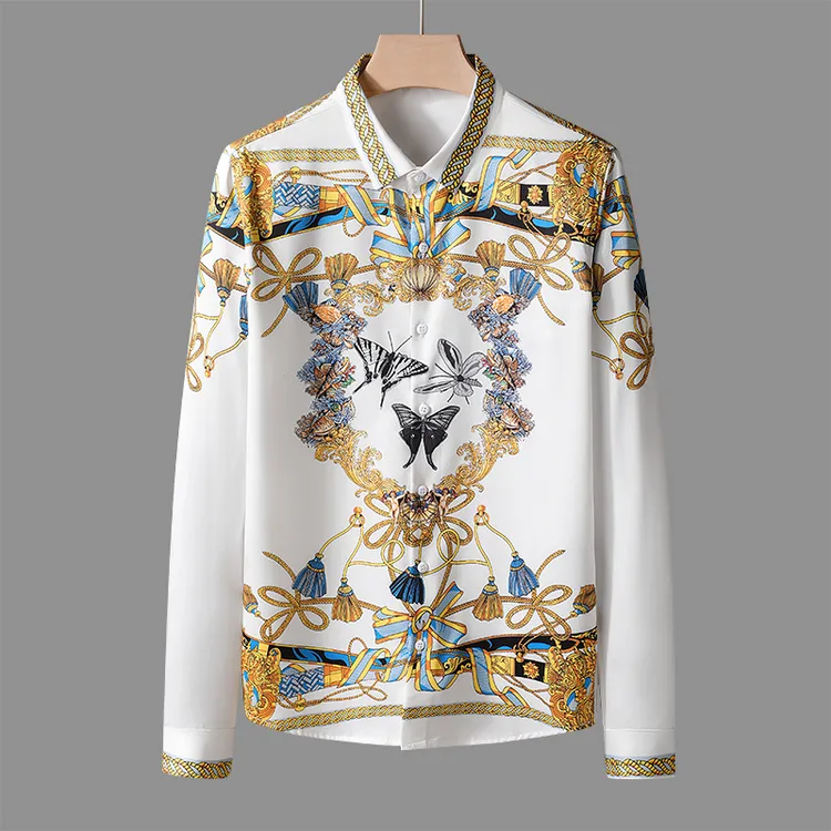 维兹赫尼轻奢长袖衬衫男秋季新款潮牌修身上衣个性时尚印花衬衣