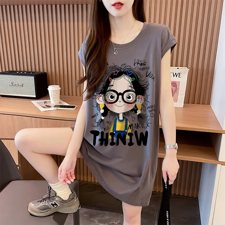 设计感卡通印花纯棉无袖背心裙女夏季爆款宽松慵懒风中长款T恤裙