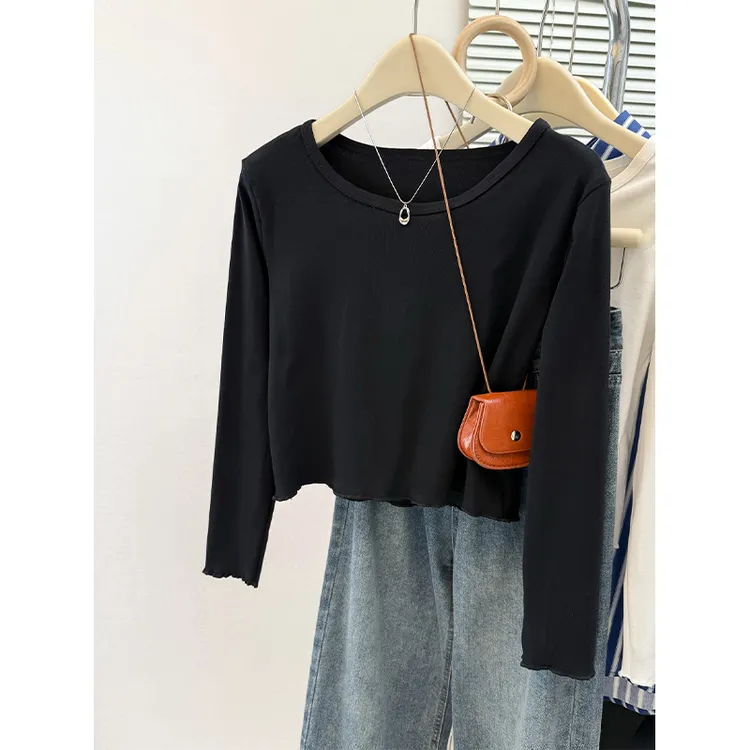 甜辣妹圆领正肩短款长袖T恤女秋季内搭韩版木耳边修身收腰小上衣