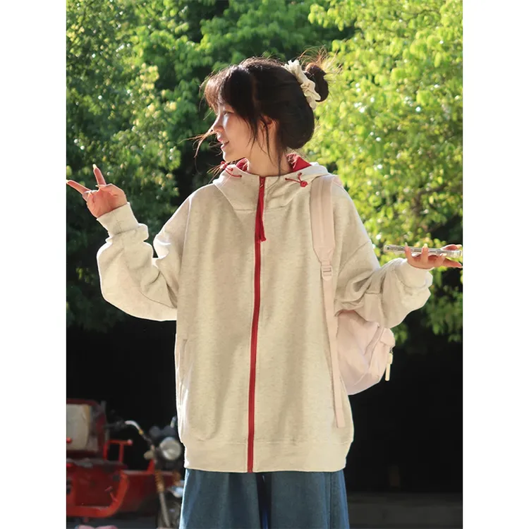 白花灰撞色开衫卫衣男款秋季早秋穿搭学院风连帽外套美式长袖上衣
