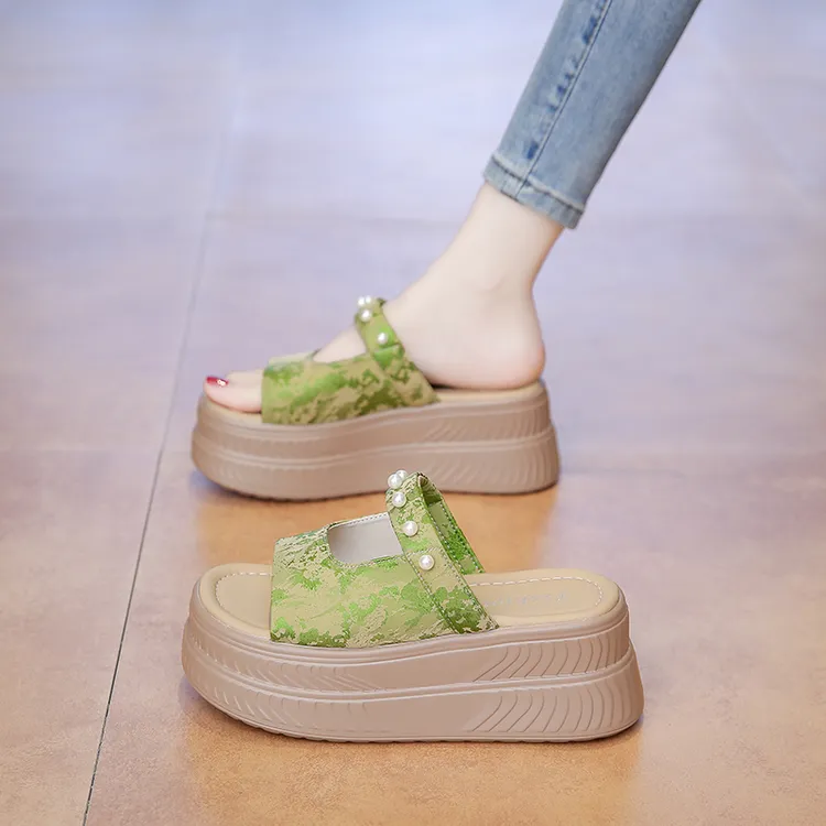 夏季高跟韩版沙滩国风印花厚底一字拖鞋女外穿休闲增高时尚小码鞋