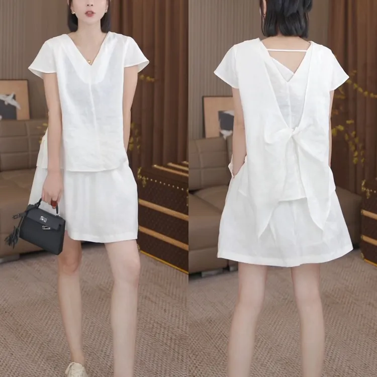 2025夏季新款小众别致后背蝴蝶结上衣半身裙两件套遮肉显瘦套装裙