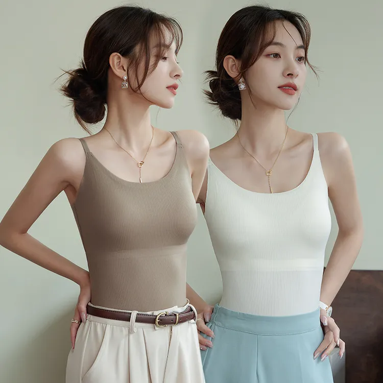 6666新款无痕冰丝空气杯吊带背心胸垫外穿内搭美背修身打底上衣女