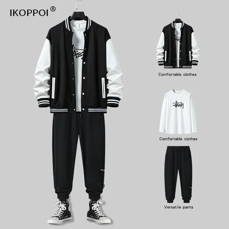 休闲运动套装男士春秋季痞帅气拼色外套宽松休闲棒球服一套搭配潮