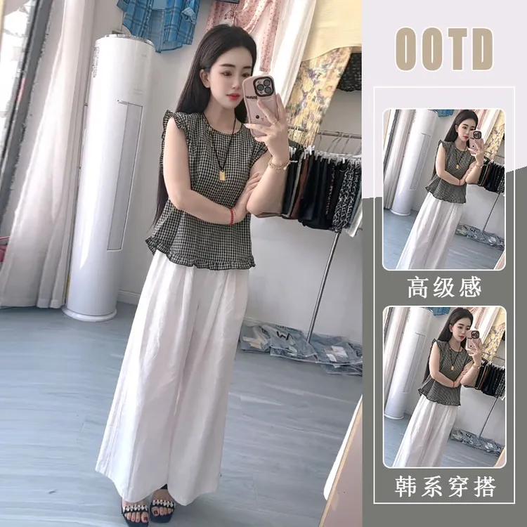 今年流行穿搭套装2025夏季新款设计感无袖上衣女阔腿休闲裤两件套