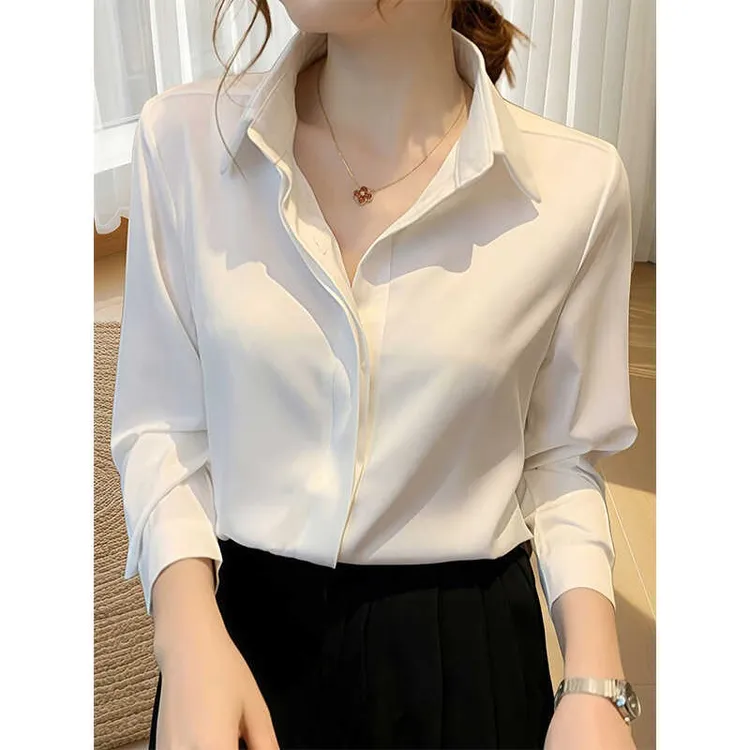 春秋长袖纽扣通勤长袖垂感衬衫白色百搭显瘦设计感正装韩版衬衣