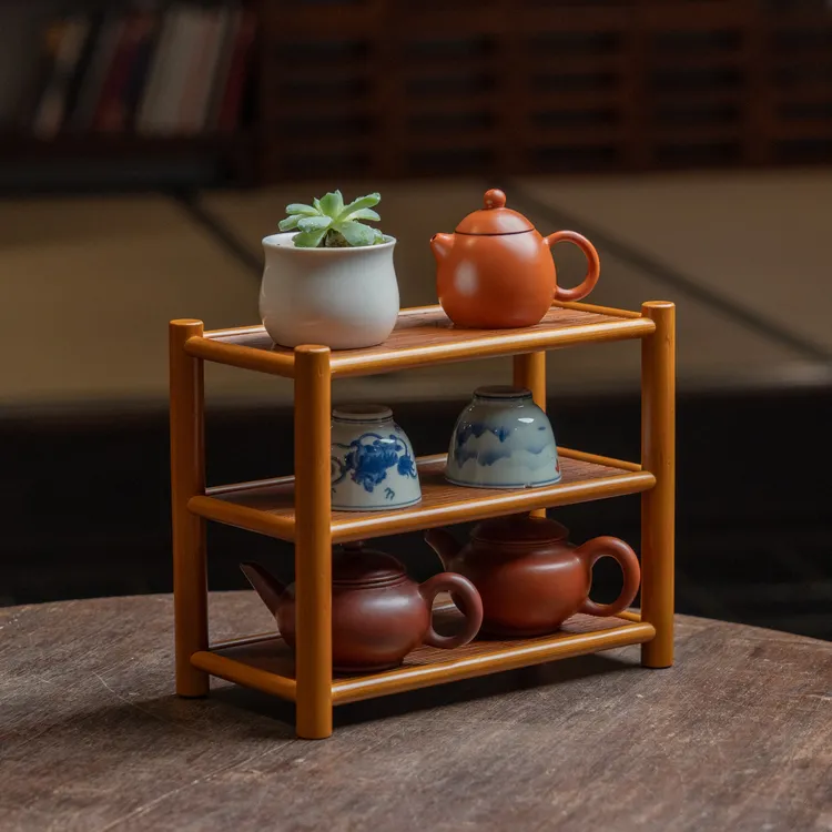 【素味】楠竹竹编三层架子杯架壶架家用喝茶道具功夫茶道