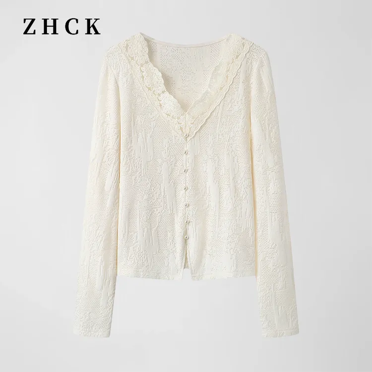ZHCK花边蕾丝法式气质打底衫2025新款设计感时尚显瘦长袖上衣
