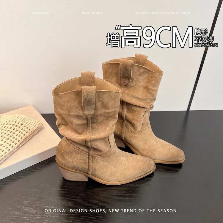 复古中筒靴高跟套筒显瘦堆堆靴2025秋冬绒面V口西部牛仔靴女