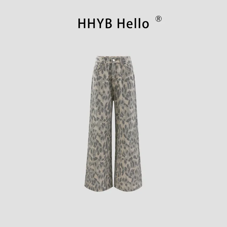 HHYB Hello美式复古豹纹阔腿百搭休闲裤子宽松直筒拖地裤Q254306