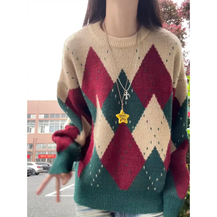 费尔岛圣诞毛衣男秋冬季高级感痞帅菱形格针织衫设计感小众毛线衣