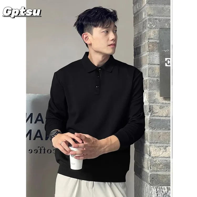 GPTSu黑色Polo领长袖T恤成熟稳重男装打底衫上衣潮牌休闲翻领卫衣