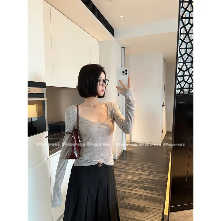 FORNI 沙漏ratio 柔光超薄天丝羊毛基础系修身收腰U领打底衫