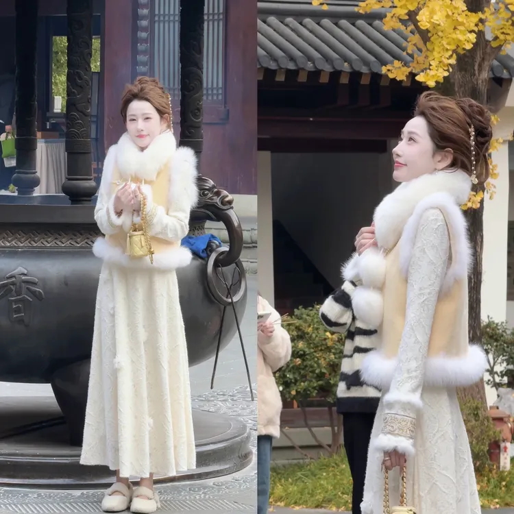 【婷婷】《冬日千金 狐狸毛马甲》蕾丝内搭半裙国风套装TT2SDTY2898