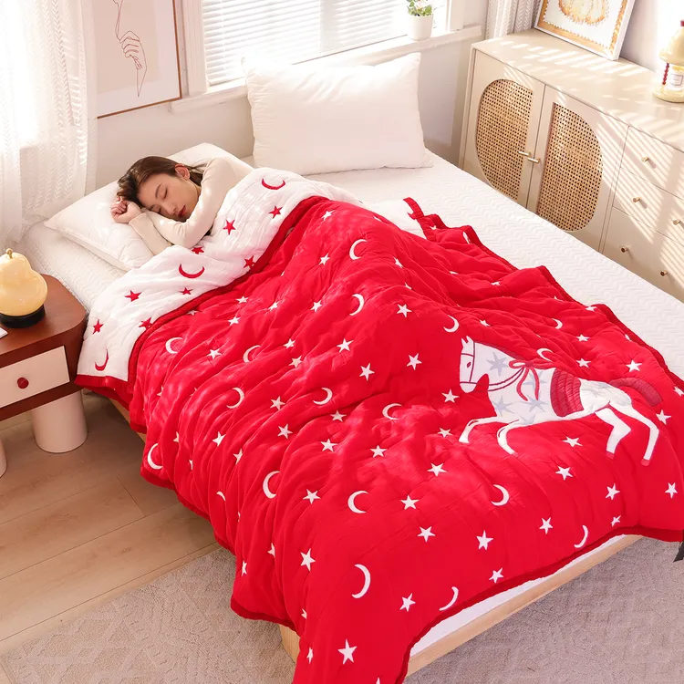 纯棉纱布毯四季通用中式提花空调毯薄被子成人家用可机洗透气盖毯