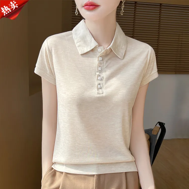 哥弟阿玛施正品夏季通勤简约百搭针织衫薄款短袖翻领休闲百搭上衣