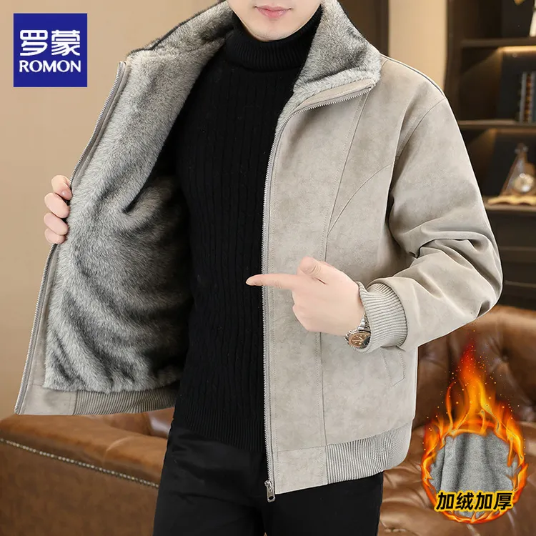 罗蒙冬季新款加绒加厚翻领皮衣男潮流休闲时尚保暖皮夹克棉袄外套