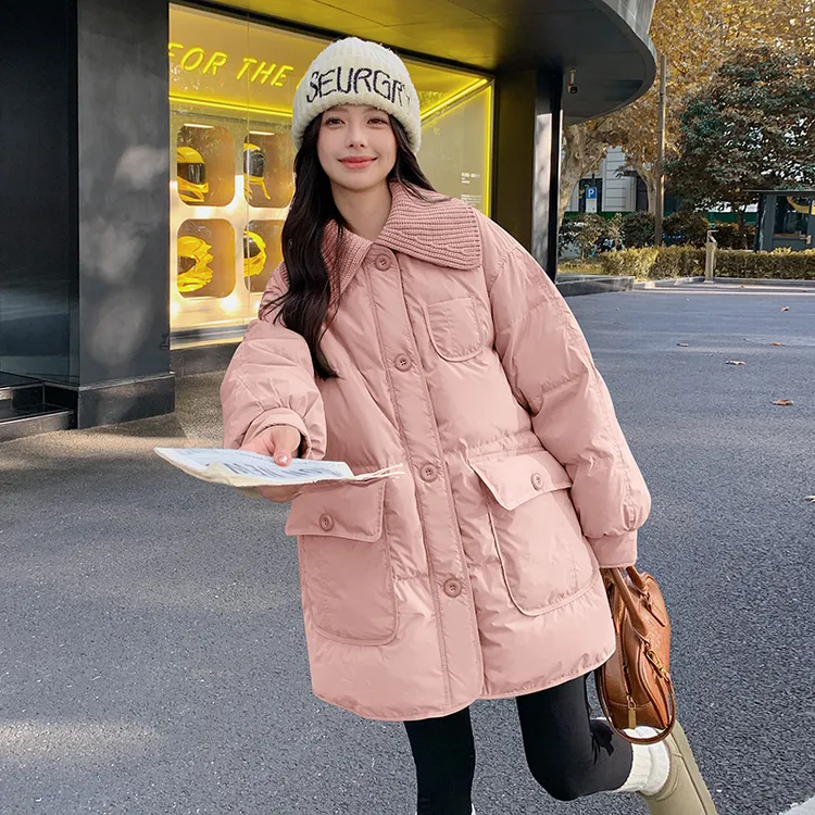 针织翻领中长款休闲羽绒服女冬新款韩版宽松加厚超好看白鸭绒外套