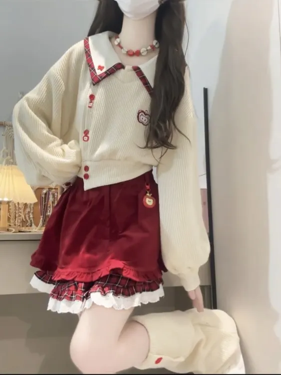 2025秋冬新款韩系学院风翻领撞色设计针织上衣拼格短裤甜美两件套