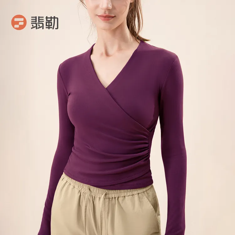 Fieder/翡勒云织长袖褶皱收腰显瘦v领交叉紧身上衣运动瑜伽修身