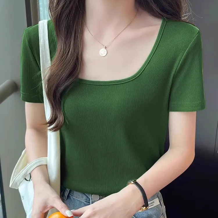 2025新款U领短袖T恤女夏季打底衫内搭纯色短款半袖显瘦露锁骨上衣