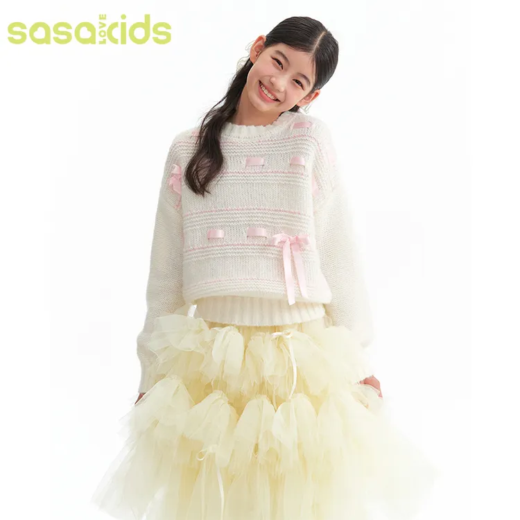 sasakids韩系甜甜少女粉嫩蝴蝶结羊毛混纺柔软保暖套头毛衣女童