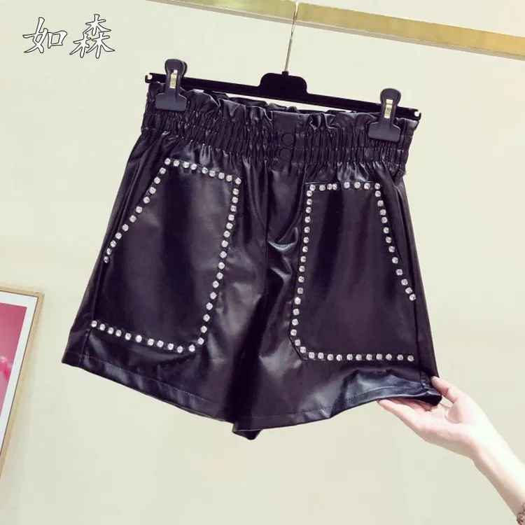 重工镶钻高腰阔腿皮裤短裤女2025春秋新款时尚百搭显瘦休闲裤靴裤